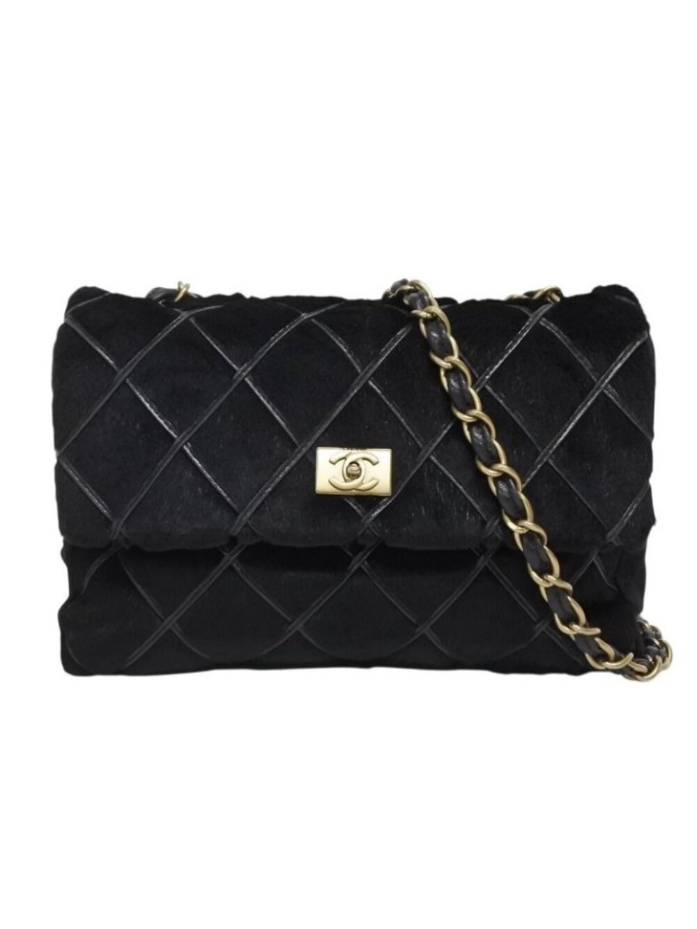 Chanel S Chain Shoulder Bag CC Logo Rabbit Fur Calf Hair Black Gold
